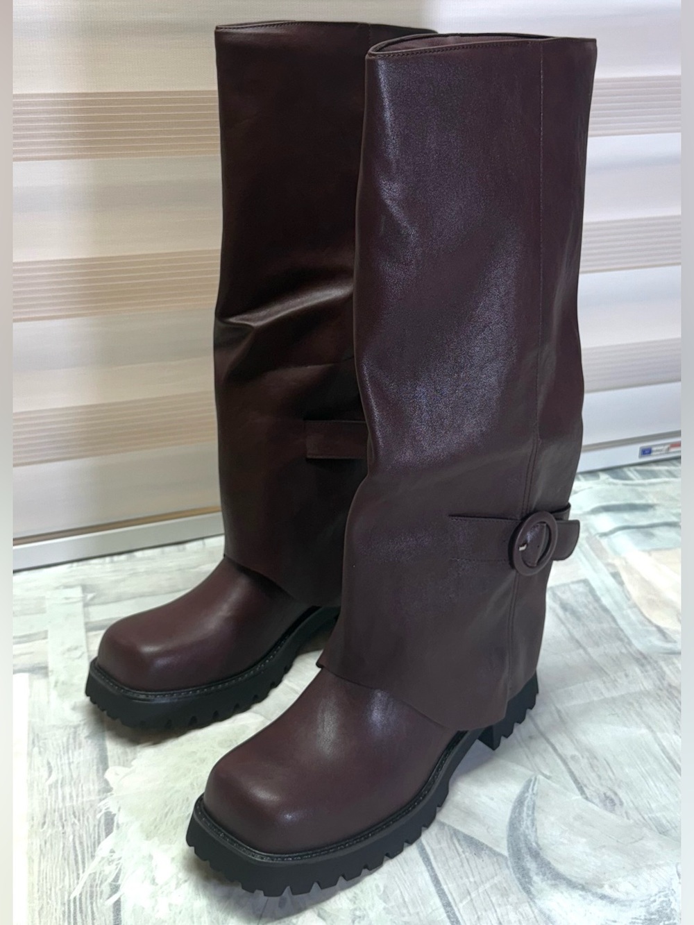 Women's Knee High Boots Fold Over Lug Sole, Burgundy Size 9